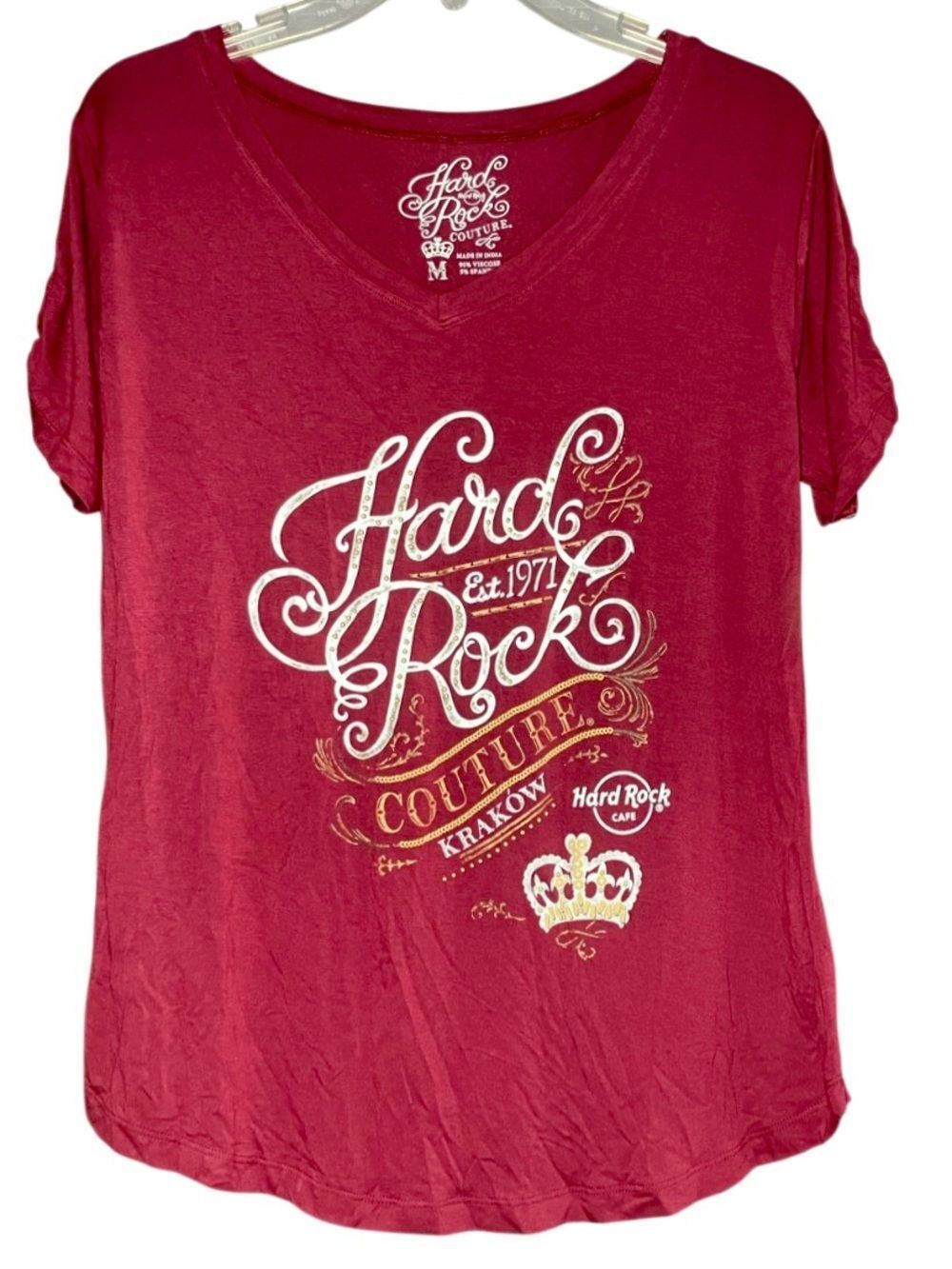 Hard Rock Cafe Couture Lattice Sleeve Tee in Burgundy/White Womens M